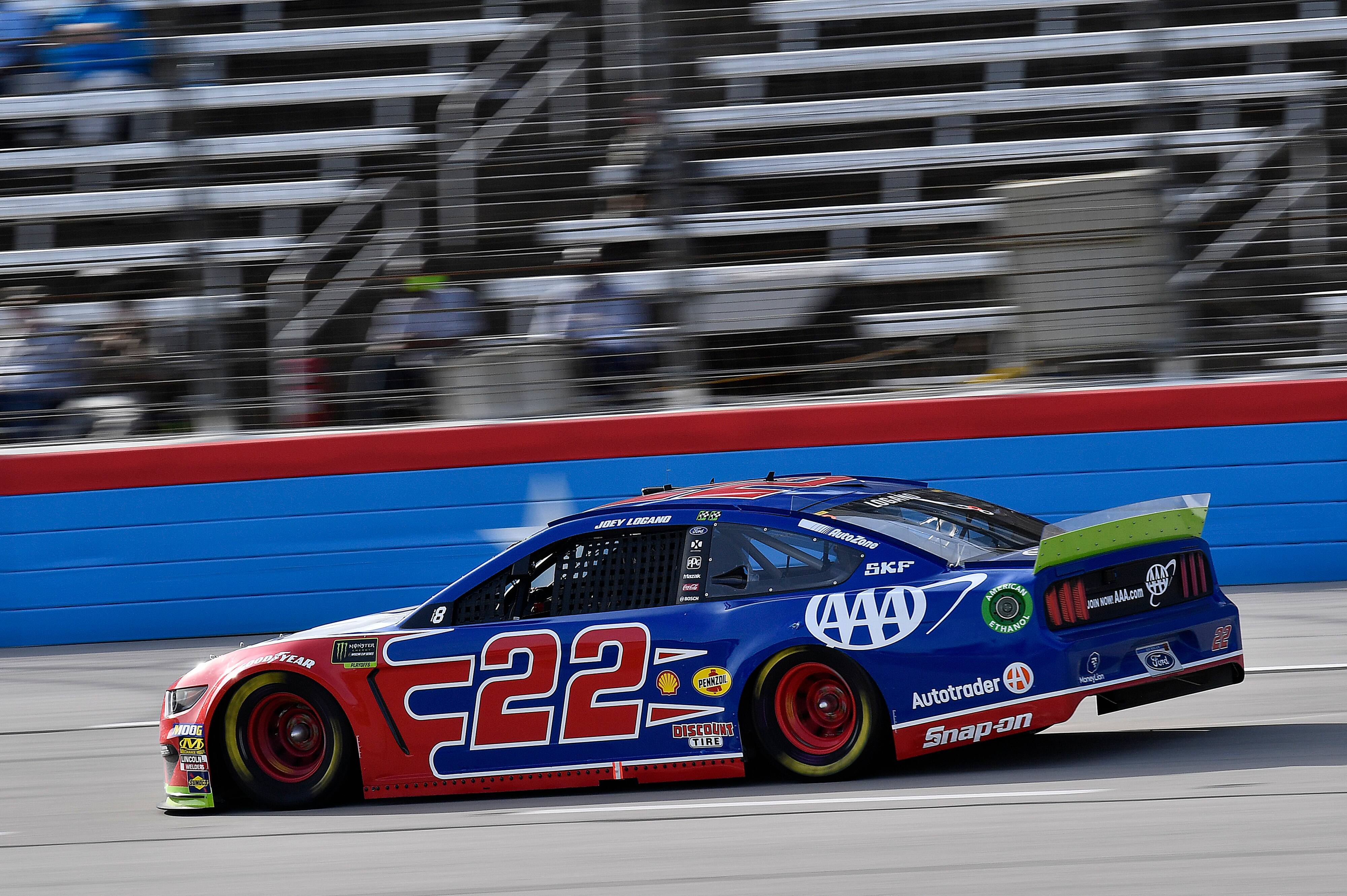 Team Penske's Joey Logano battled to finish fourth. His playoff teammate Ryan Blaney was eighth. Team Penske's Joey Logano battled to finish fourth. His playoff teammate Ryan Blaney was eighth.